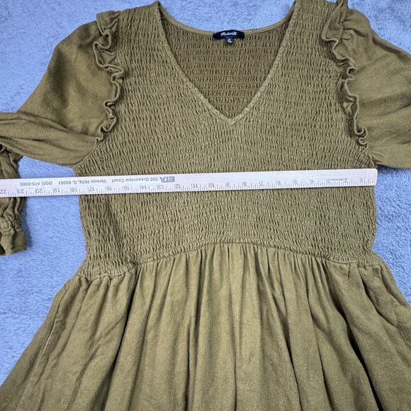Madewell Flannel Lucie V-Neck Smocked Mini Dress Cottagecore XL Ruffle Green - Picture 7 of 9